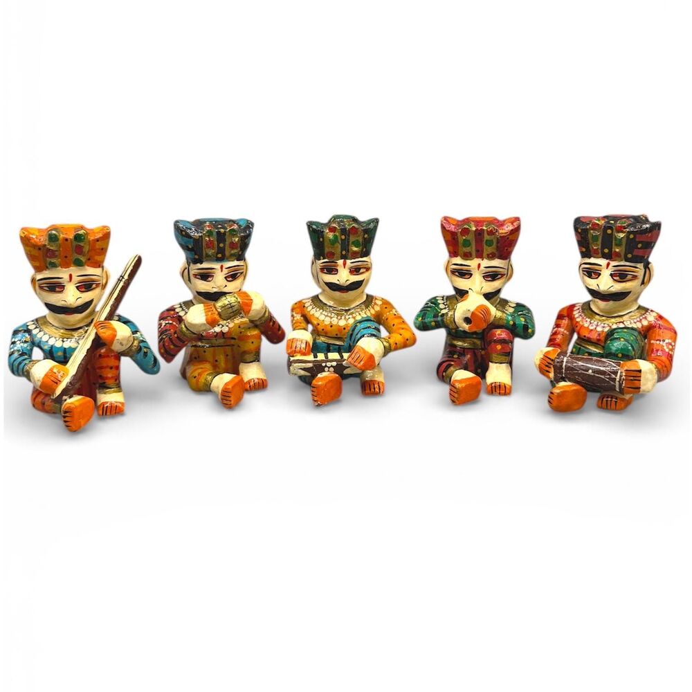 5 Handcrafted Rajasthani Musician Figurines Indian Folk Art Wooden Miniatures